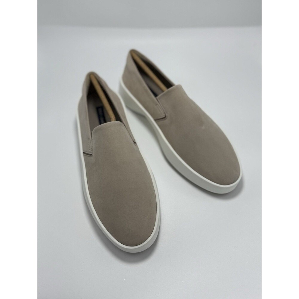 Wolf & Shepherd Women’s Cruise Mule slip-on shoes in warm gray suede and white 7